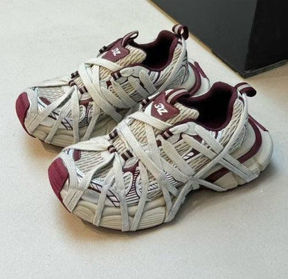 Breathable Distressed Running Shoes Strap Chunky Flat Women Sneakers Angola Red / 5