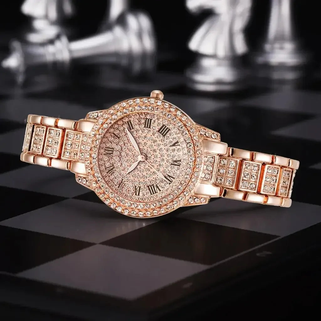 Diamond Crystals Watch and Bracelet Set 1Piece Gold Watch A