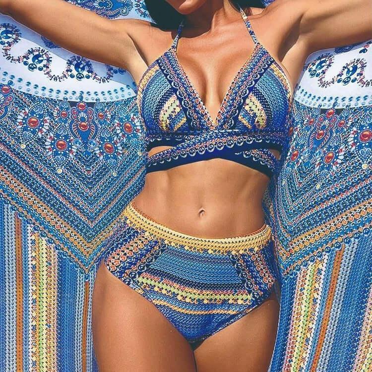 Three Piece Swimsuit Women's Tight Bikini Cross Tie High Waisted Sun Protection Swimsuit Women green / S