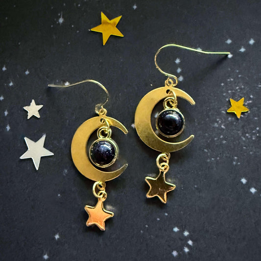 Starlit Crescent Earrings with Blue Sandstone Smooth
