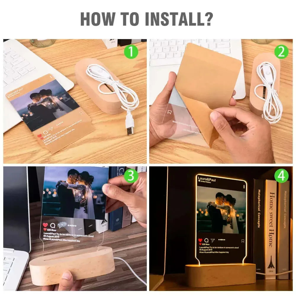 Personalized Custom Wooden Photo Frame Photo Text Customized USB LED 3D Lamp Bedroom Night Light Wedding Anniversary Birthday Gi 1 people / Monochrome plug base