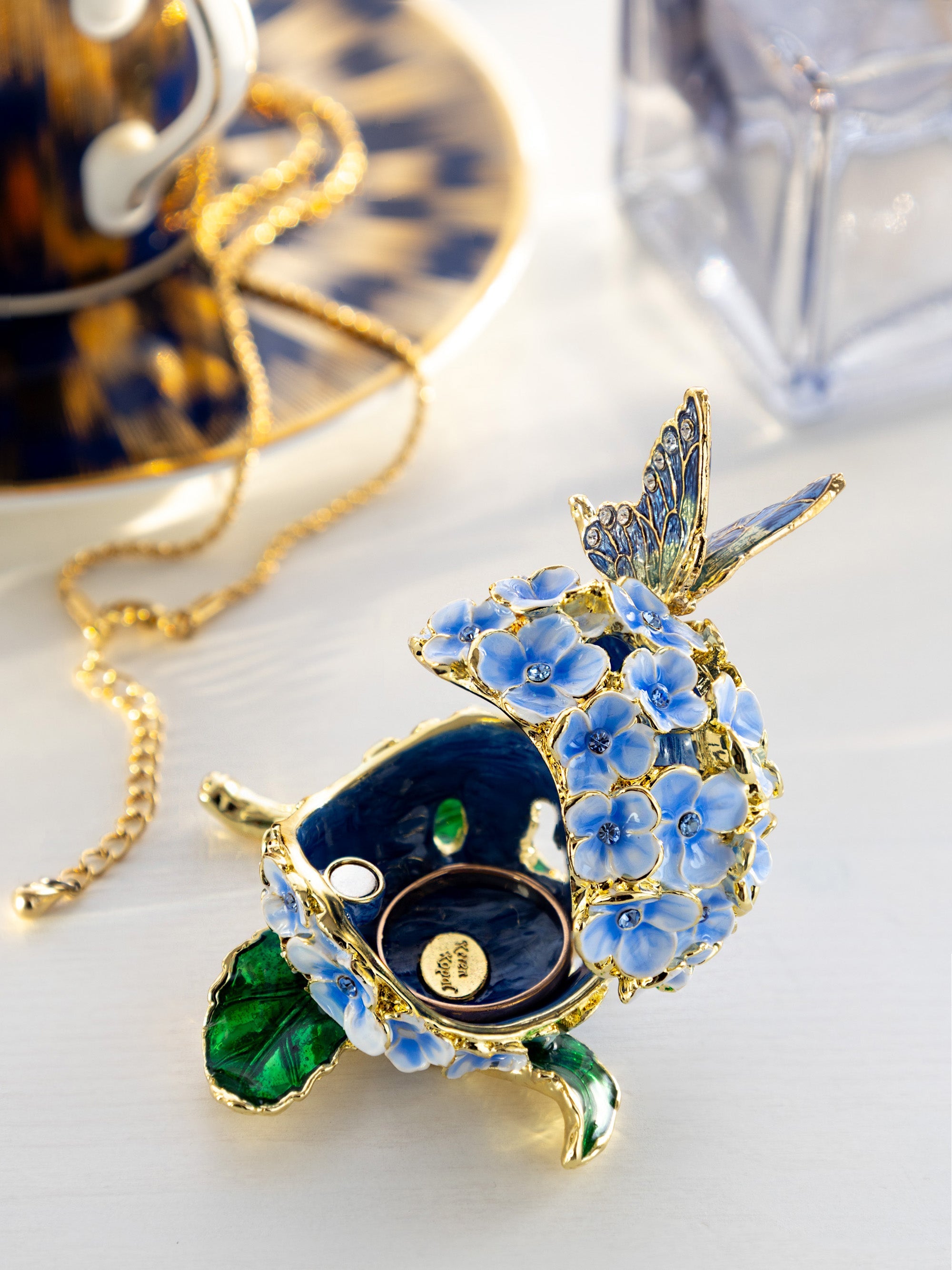 Butterfly on Blue Flower Trinket Box