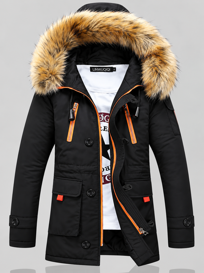 Men's Winter Padding Jacket - Parka with Faux-Fur-Trimmed Hood, Quilted Cotton Lining, & Front Flap Pockets