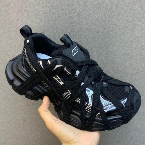 Breathable Distressed Running Shoes Strap Chunky Flat Women Sneakers Black / 5