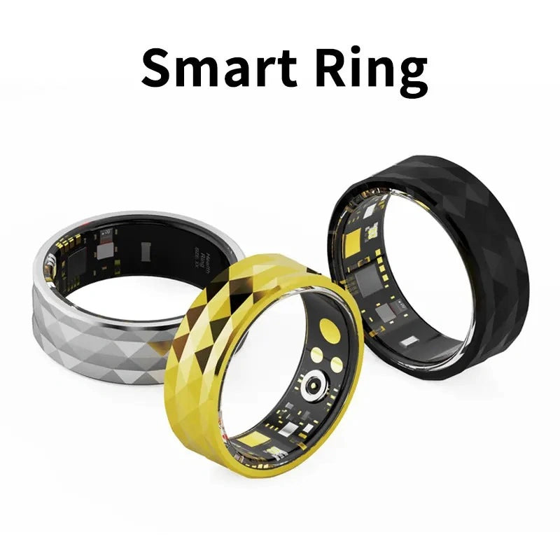 Three smart rings in black, yellow, and silver on a white background with 'Smart Ring' text.