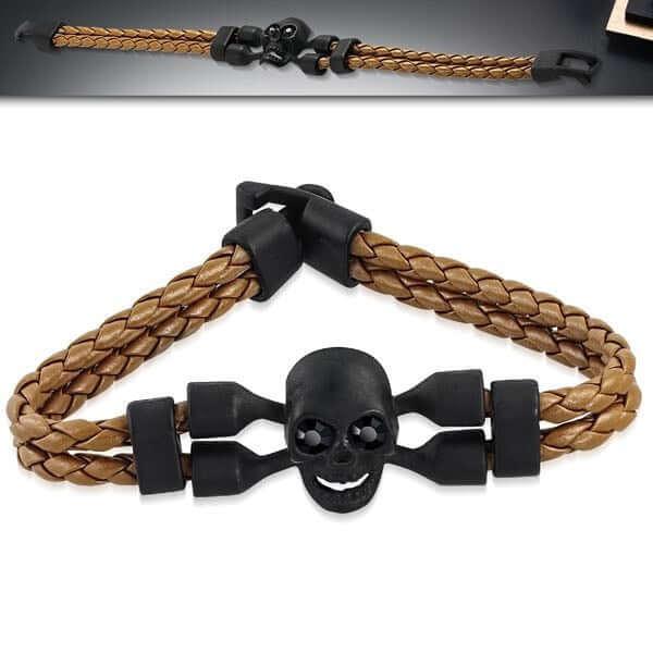 Brown & Flat Black Skull Crossbone Leather Bracelet (#c184) Default Title