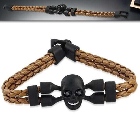 Brown & Flat Black Skull Crossbone Leather Bracelet (#c184) Default Title