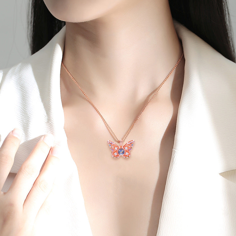 Colorful Diamond Butterfly Projection Pendant Female 100 Languages I Love You HD Color Photo Necklace Female
