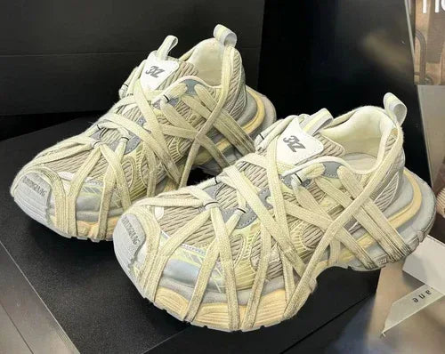 Breathable Distressed Running Shoes Strap Chunky Flat Women Sneakers Champagne / 5