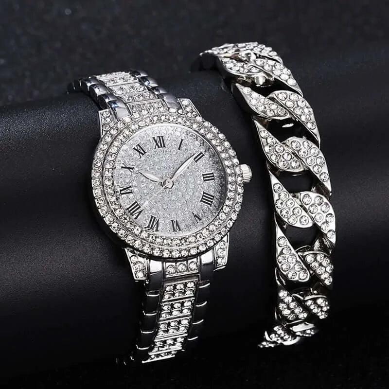 Diamond Crystals Watch and Bracelet Set 1Piece Gold Watch A