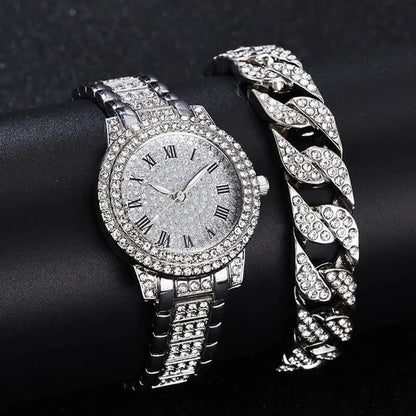 Diamond Crystals Watch and Bracelet Set 1Piece Gold Watch A
