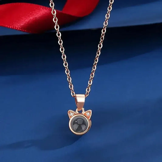 Custom Photo Projection Necklace Cat Zircon Ear Pendant Rose Gold / United States / 45cm