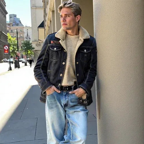 Mens Denim Jean Jacket in Black with Inner Faux Fur S / Black