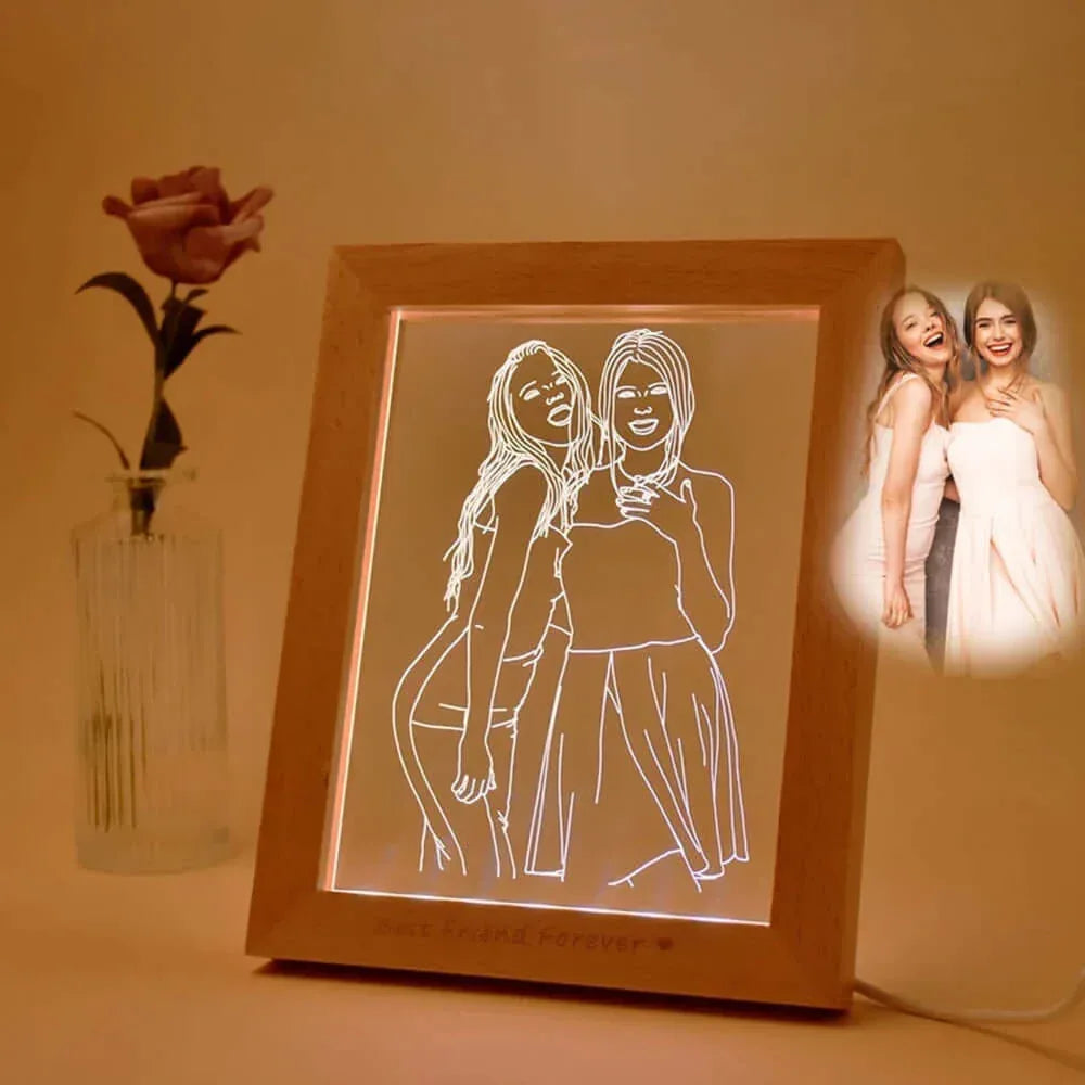 Personalized Custom Wooden Photo Frame Photo Text Customized USB LED 3D Lamp Bedroom Night Light Wedding Anniversary Birthday Gi 1 people / Monochrome plug base