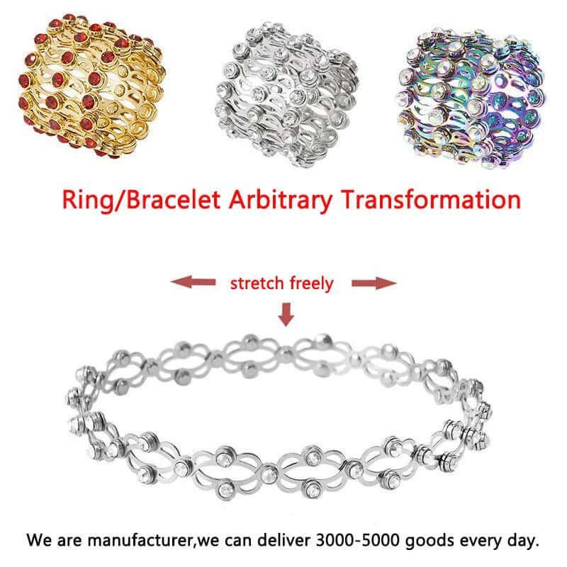 2 In 1 New Creative Magic Stretchable Ring Bracelet For Women Charm Shiny Crystal Retractable Bracelets Rings Jewelry Gift silver / Diameter 2cm-7cm adjustable