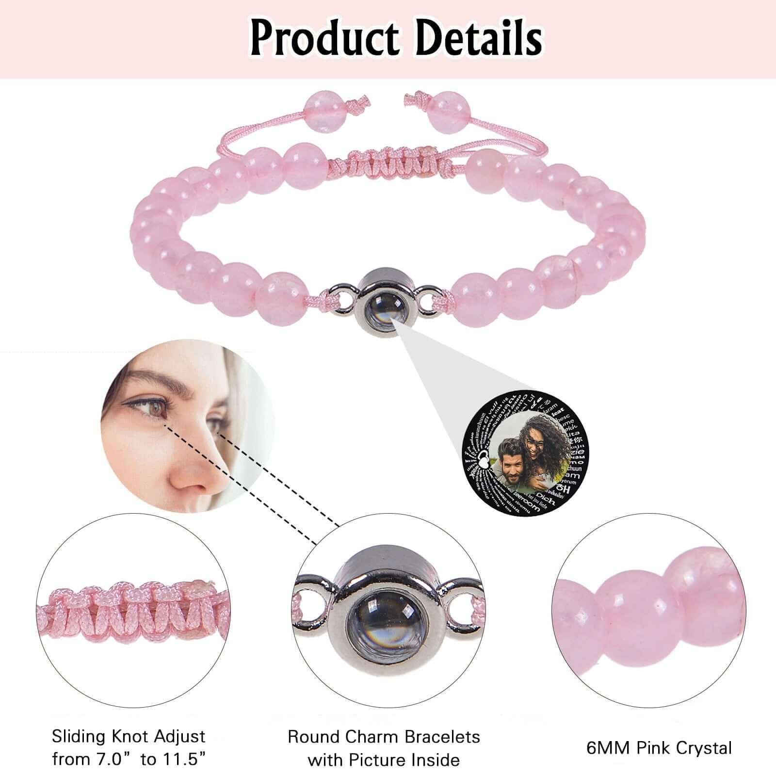 Photo projection bracelet 100 languages I Love You natural stone custom bracelet picture jewelry Rose Quartz