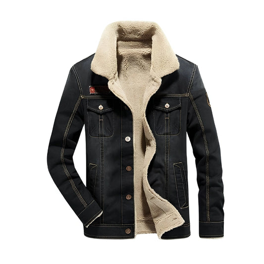 A men's dark denim jacket with a thick beige sherpa lining, featuring a high collar, button front, and flap chest pockets, shown on a plain white background.