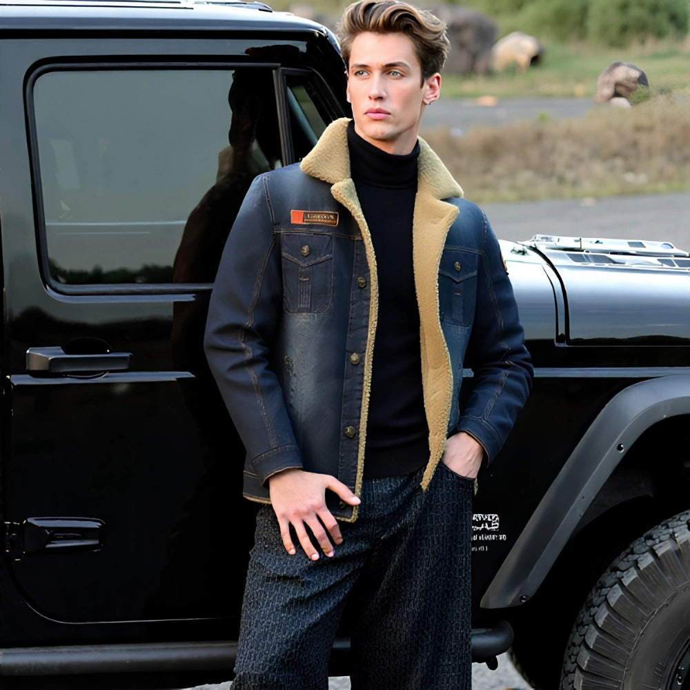 A man wearing a dark blue denim jacket with a tan shearling-style collar, a black turtleneck, and patterned jeans, standing next to a black off-road vehicle outdoors.