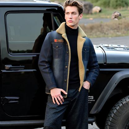 A man wearing a dark blue denim jacket with a tan shearling-style collar, a black turtleneck, and patterned jeans, standing next to a black off-road vehicle outdoors.
