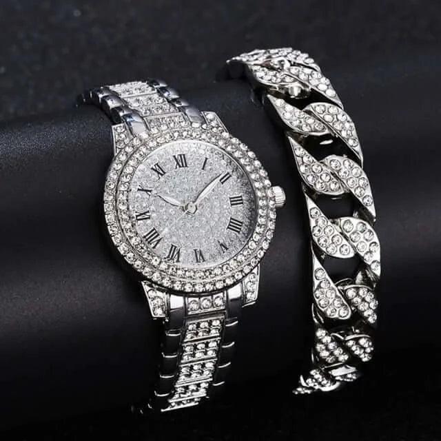 Diamond Crystals Watch and Bracelet Set 2Pieces Set Sliver A
