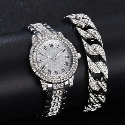 Diamond Crystals Watch and Bracelet Set 2Pieces Set Sliver A
