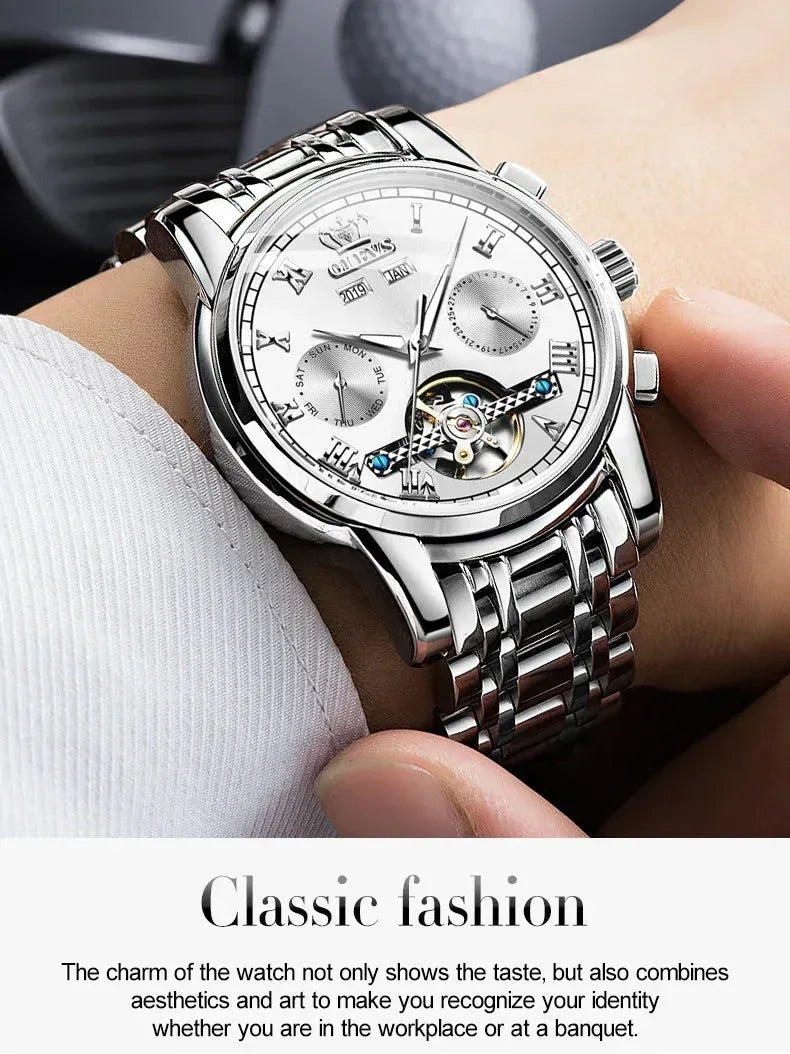 OLEVS Men's Watches Automatic Mechanical Business Wristwatch Silver green face