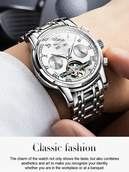 OLEVS Men's Watches Automatic Mechanical Business Wristwatch Silver green face