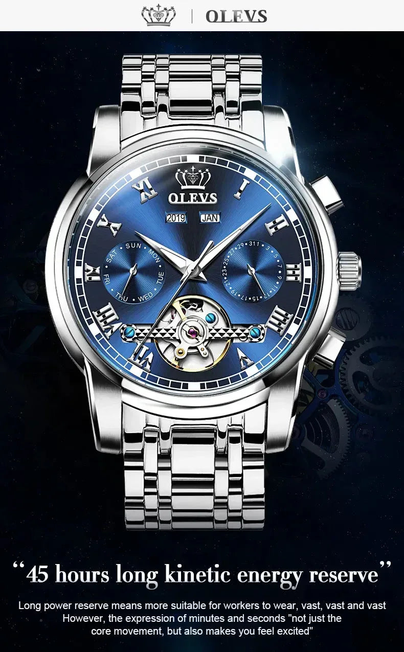 OLEVS Men's Watches Automatic Mechanical Business Wristwatch Silver green face