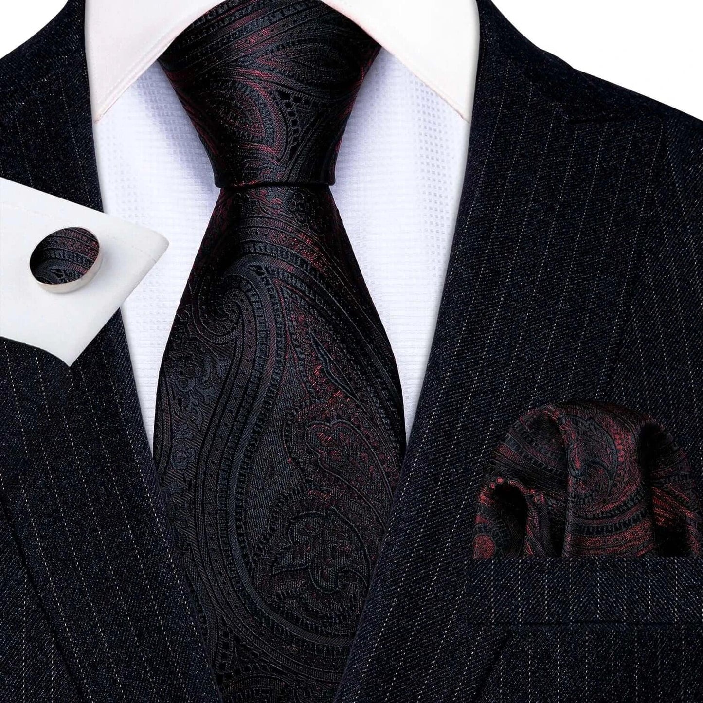 Barry.Wang LS-704 Red Plaid Silk Tie Set with Handkerchief & Cufflinks