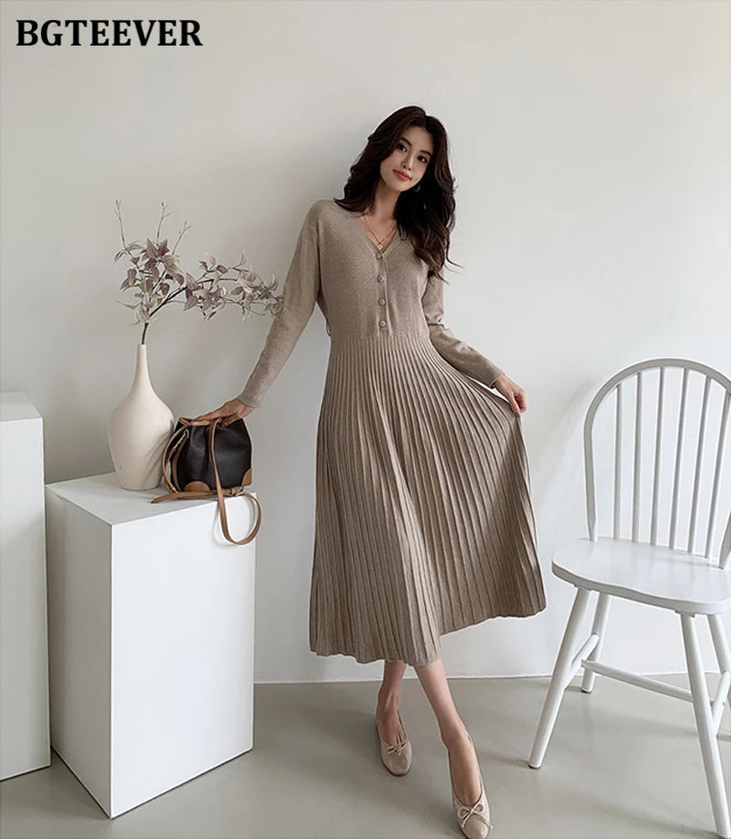 Autumn Winter Knitted Belted dresses