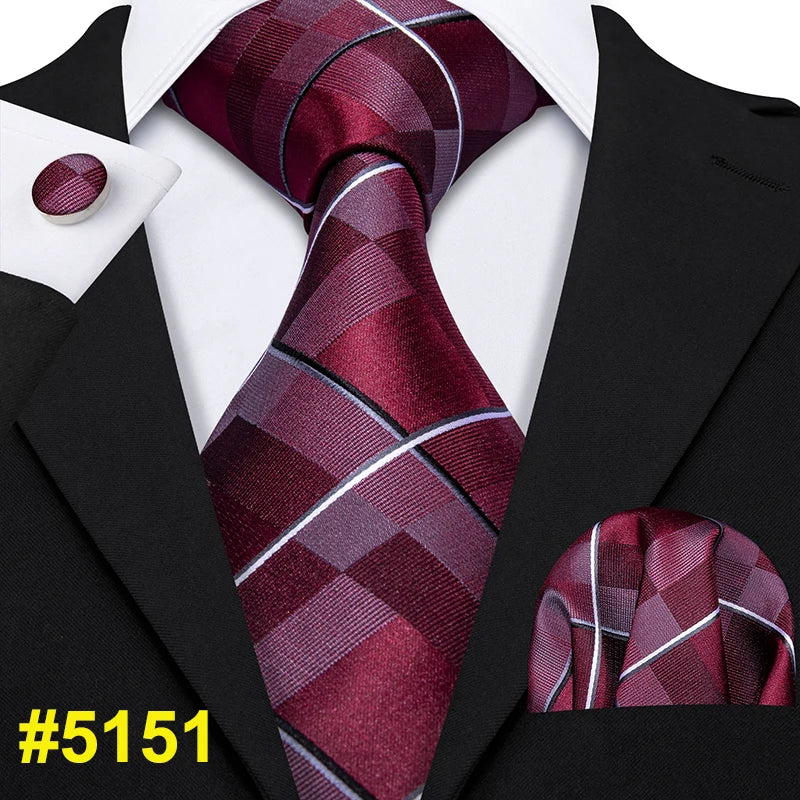 Barry.Wang LS-704 Red Plaid Silk Tie Set with Handkerchief & Cufflinks