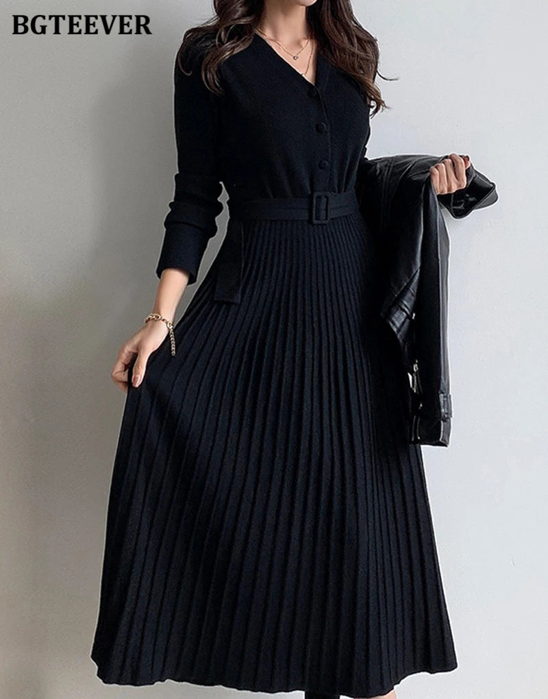 Autumn Winter Knitted Belted dresses