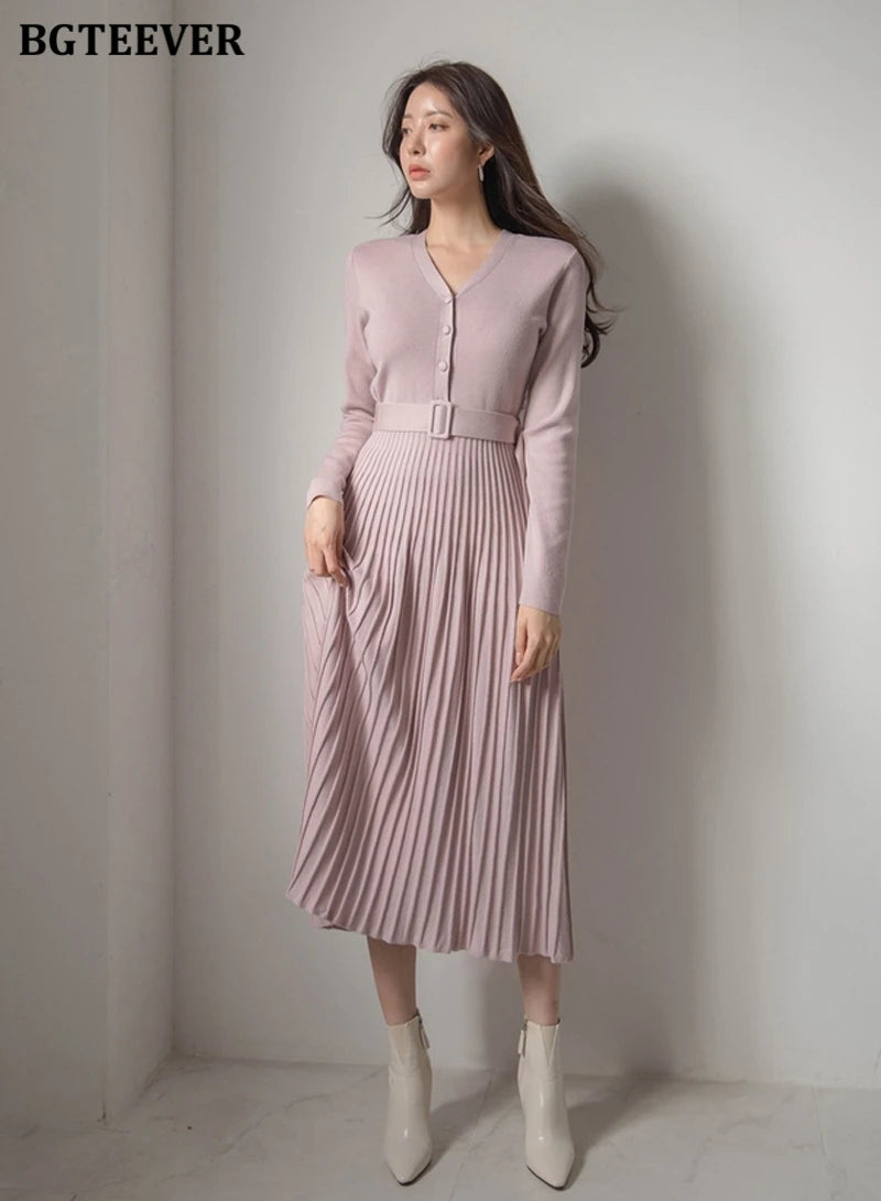 Autumn Winter Knitted Belted dresses