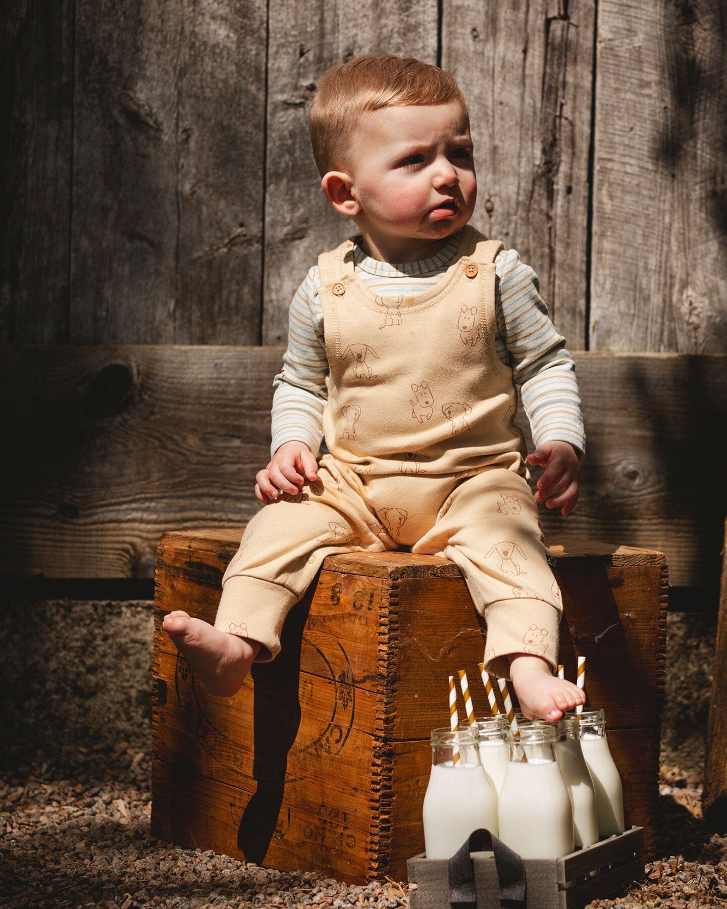 Organic Cotton Onesie With Overalls Set Beige Printed Dogs
