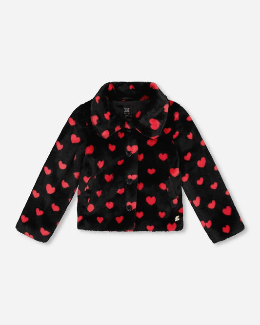 Faux Fur Short Coat Black And Red With Hearts 4/5