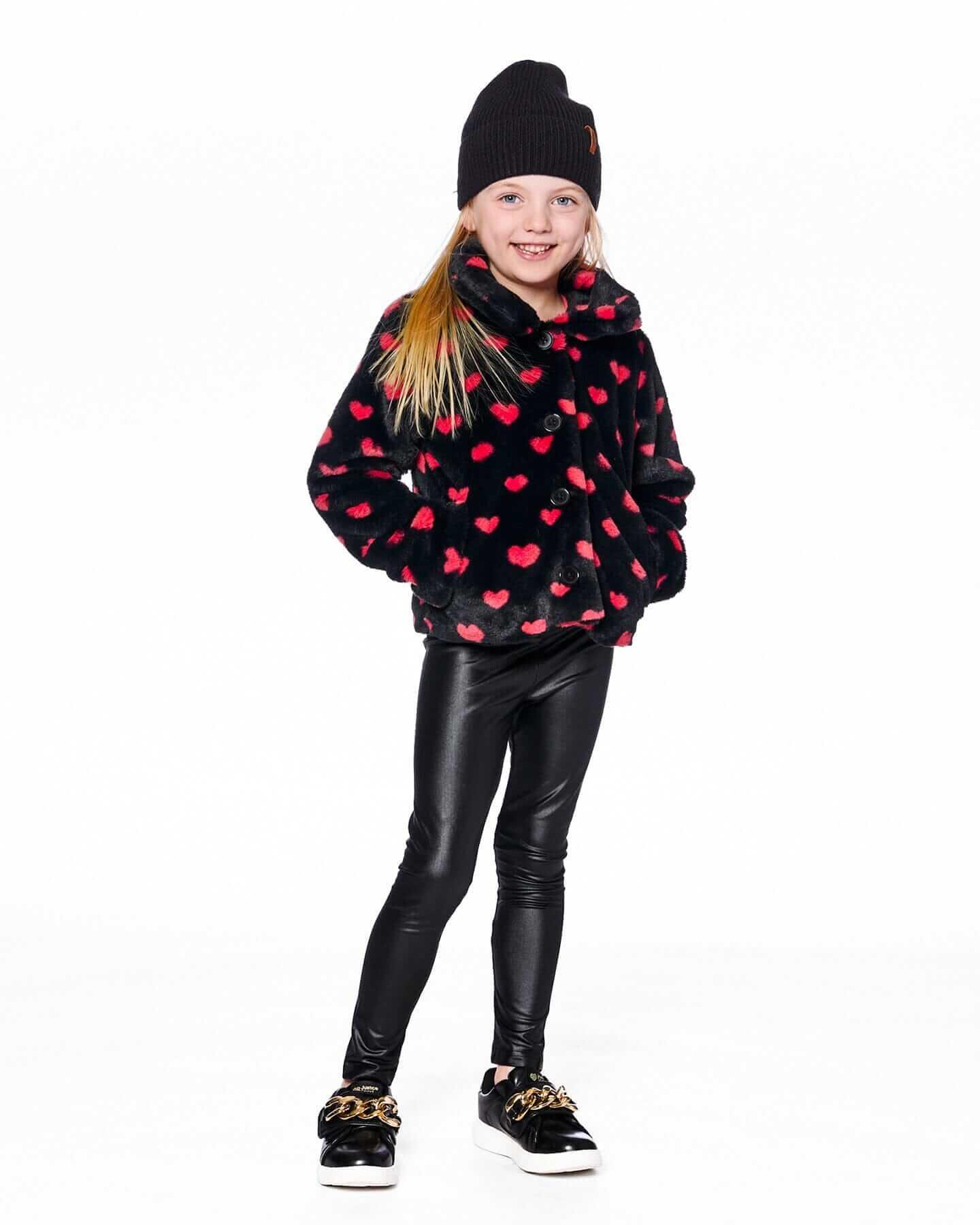 Faux Fur Short Coat Black And Red With Hearts 4/5