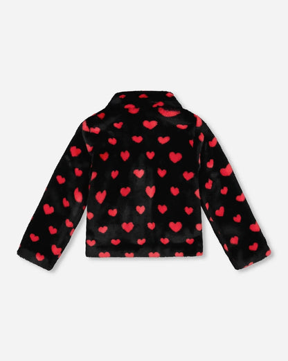 Faux Fur Short Coat Black And Red With Hearts 4/5