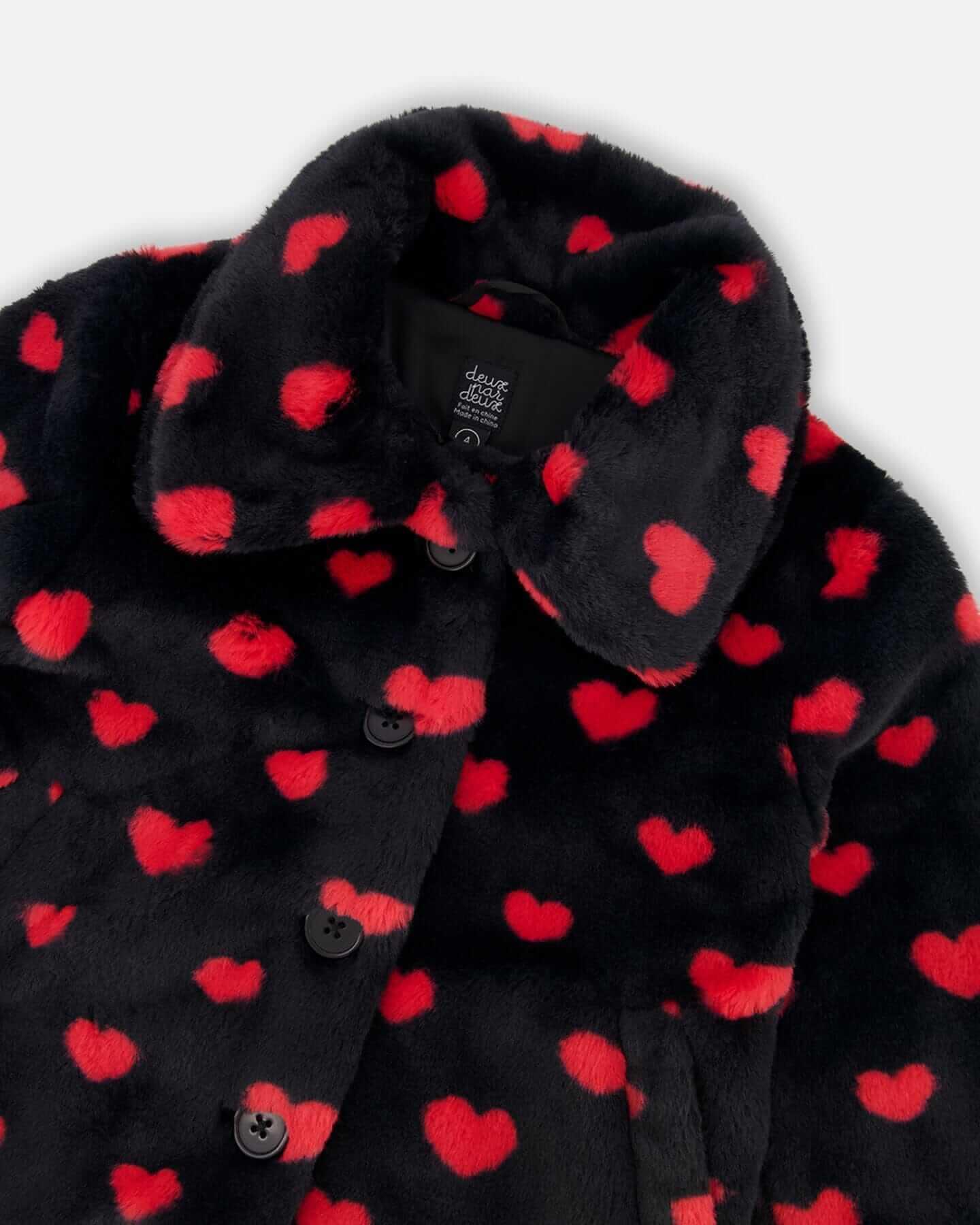 Faux Fur Short Coat Black And Red With Hearts 4/5