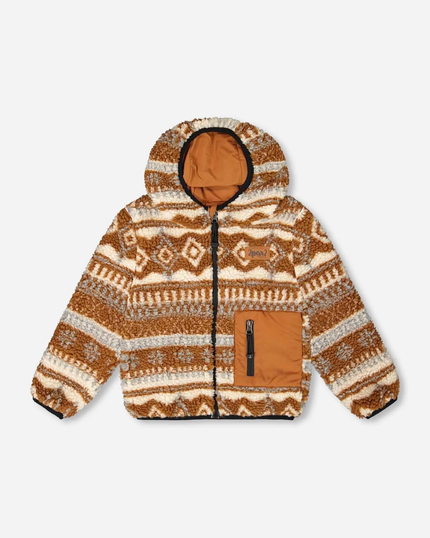 Reversible Mid-Season Sherpa Jacket Brown Aztec Pattern 8