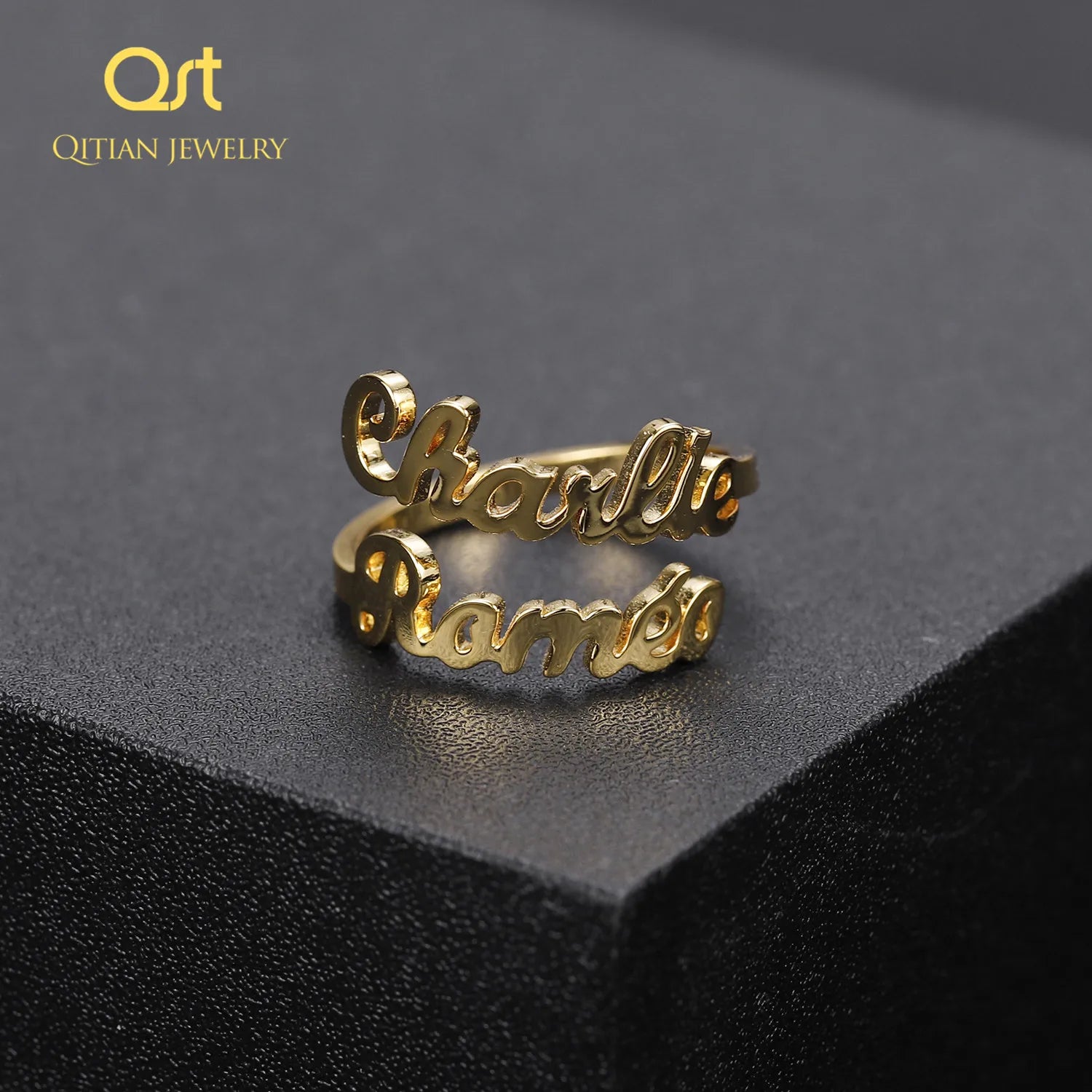 Personalized Double Name Adjustable Ring