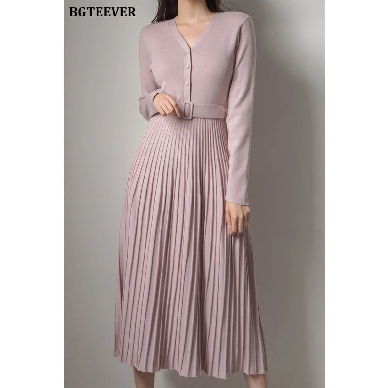 Autumn Winter Knitted Belted dresses