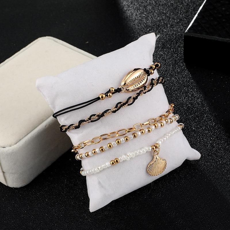 Multi Layered Gold Shell Pendant Chains Ankle Bracelet H24516
