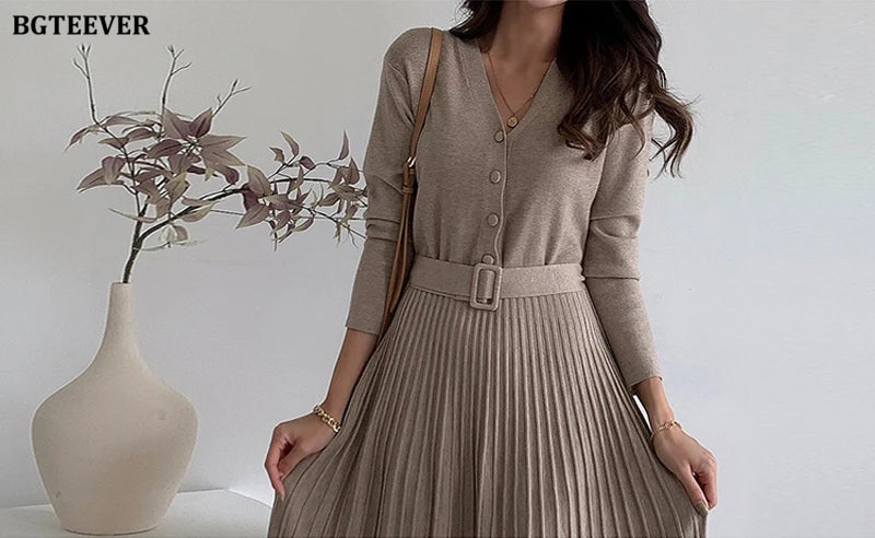 Autumn Winter Knitted Belted dresses