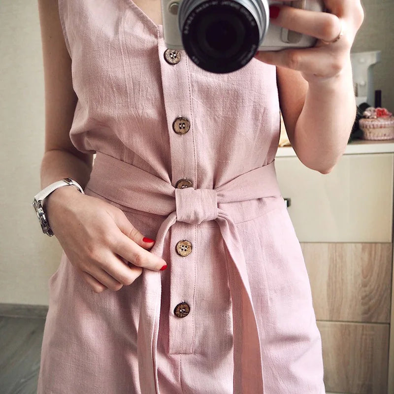 Button Belt V-neck Jumpsuit