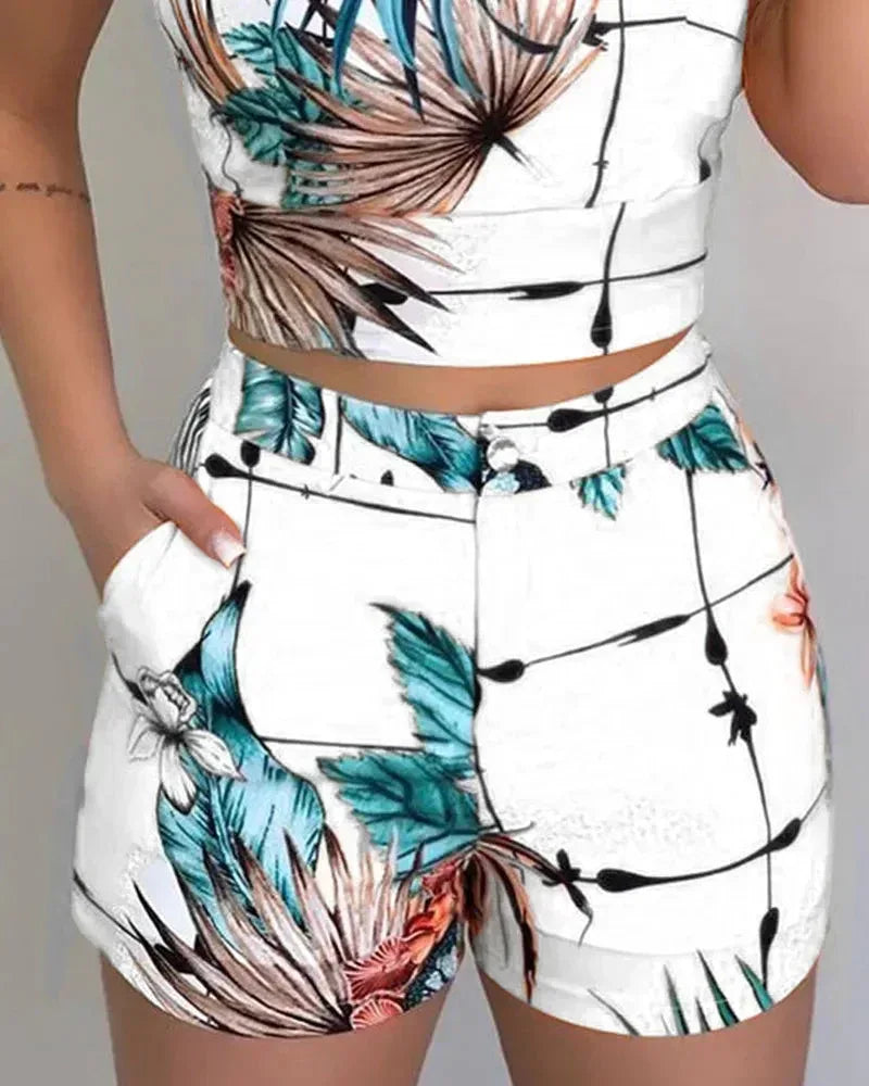 Print Spaghetti Strap Crop Top & Short Sets Floral / S
