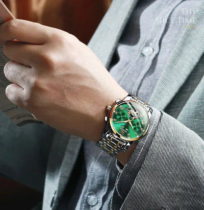 OLEVS Men's Watches Automatic Mechanical Business Wristwatch Silver green face