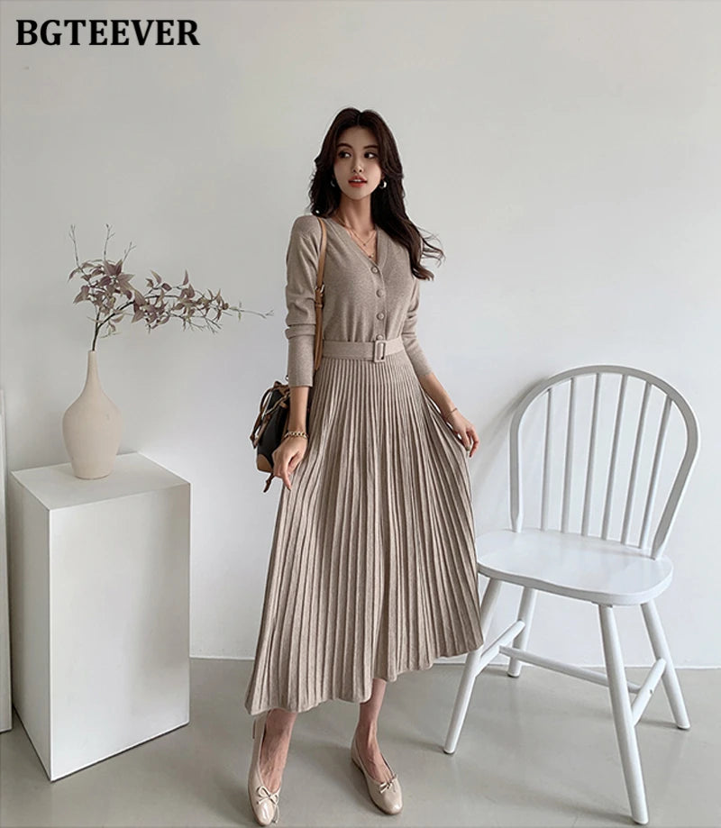 Autumn Winter Knitted Belted dresses