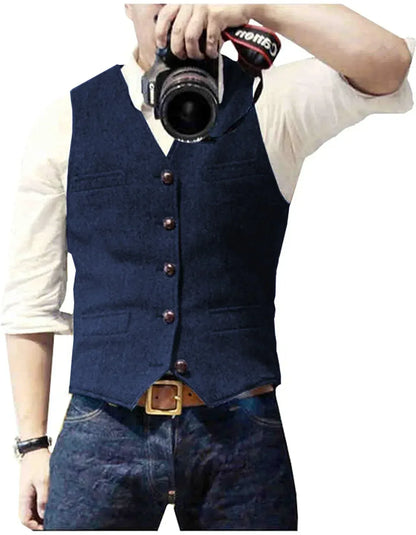 Suit Vest V Neck Herringbone Tweed Slim Fit Navy Blue / XS