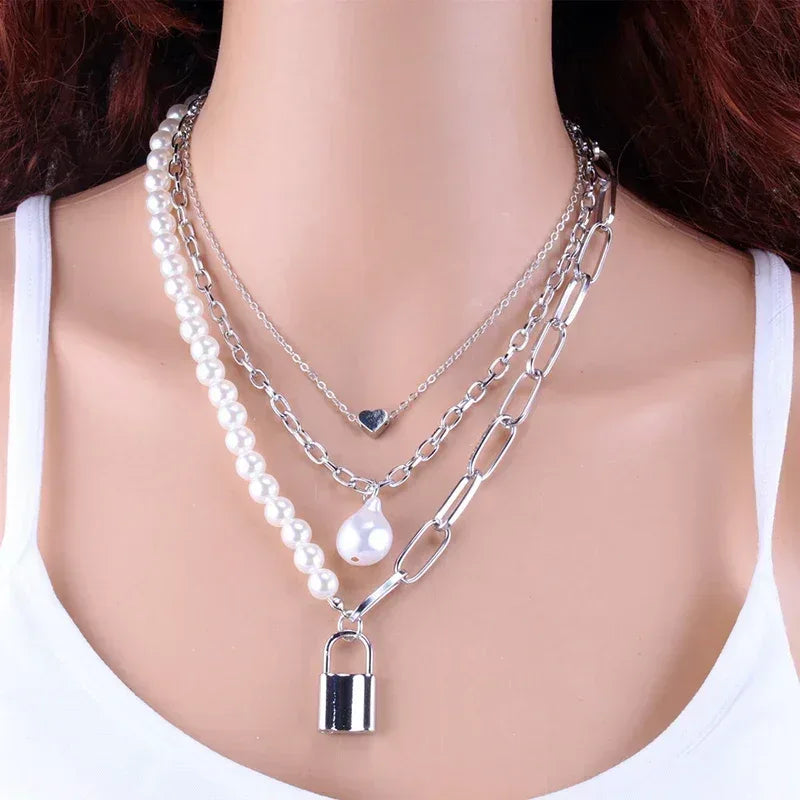 Fashion Chain Pearl Necklace Silver-07