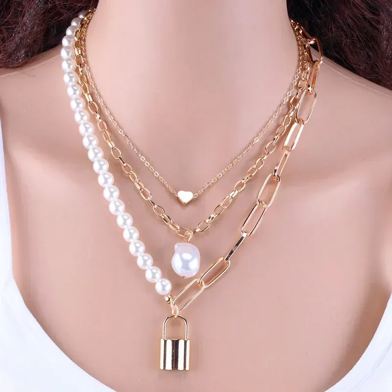 Fashion Chain Pearl Necklace Gold-07